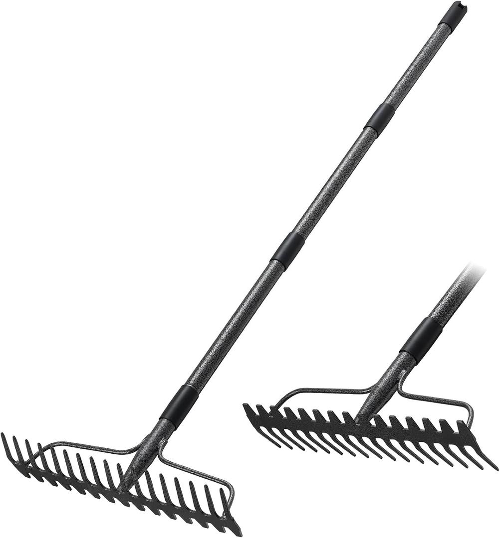Garden Rake, 63 Inch Long Handle with 17 Tongs, Heavy Duty Metal Bow Rake for Loosening Leveling Soil, Garden Leaf Rake for Raking Leaves Grass, Weeding, Metal Yard Thatch Lawn Care Garden Tool