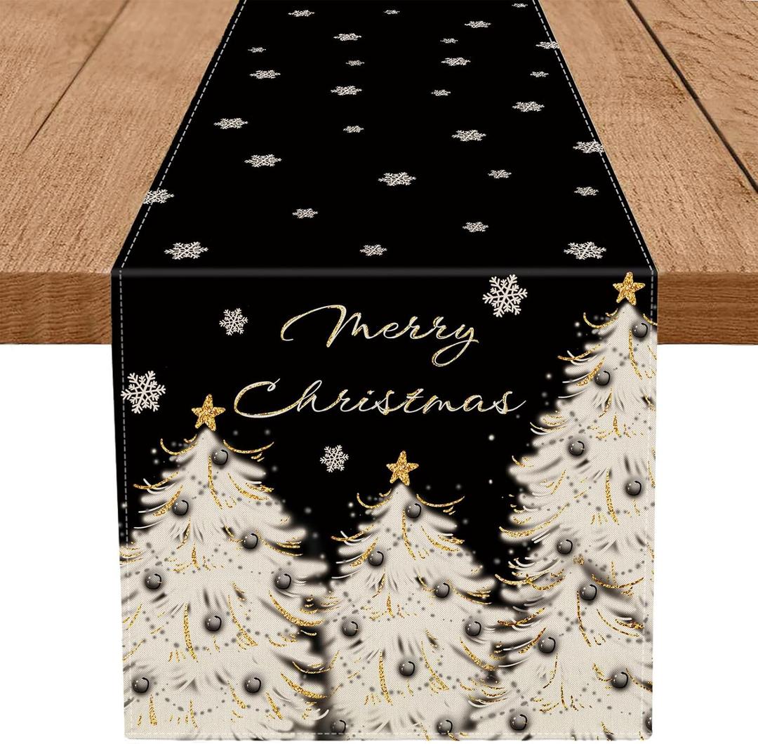 Christmas Table Runner Xmas Golden Tree Star Snowflake Black Merry Christmas 13 x 90 Inch Long Runners Winter Holiday Home Kitchen Table Decor