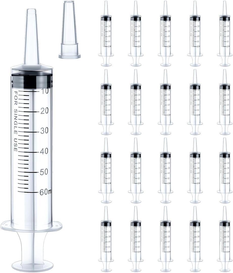 Threlaco 20pcs 60ml Clear Plastic Syringe for Liquid Measuring Syringes Without Needle with Cap, Sterile, Craft, Feeding Pets, Scientific Labs, Individually Wrapped
