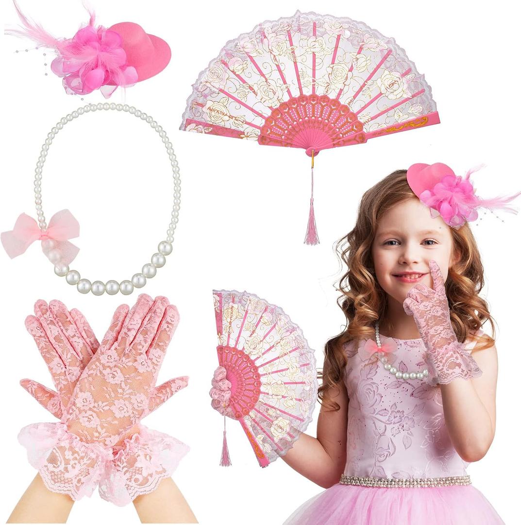 Sintege 4 Pcs Girls Tea Party Set Girls Tea Party Accessories Gloves Hats Necklace Fans for Toddler (Pink)