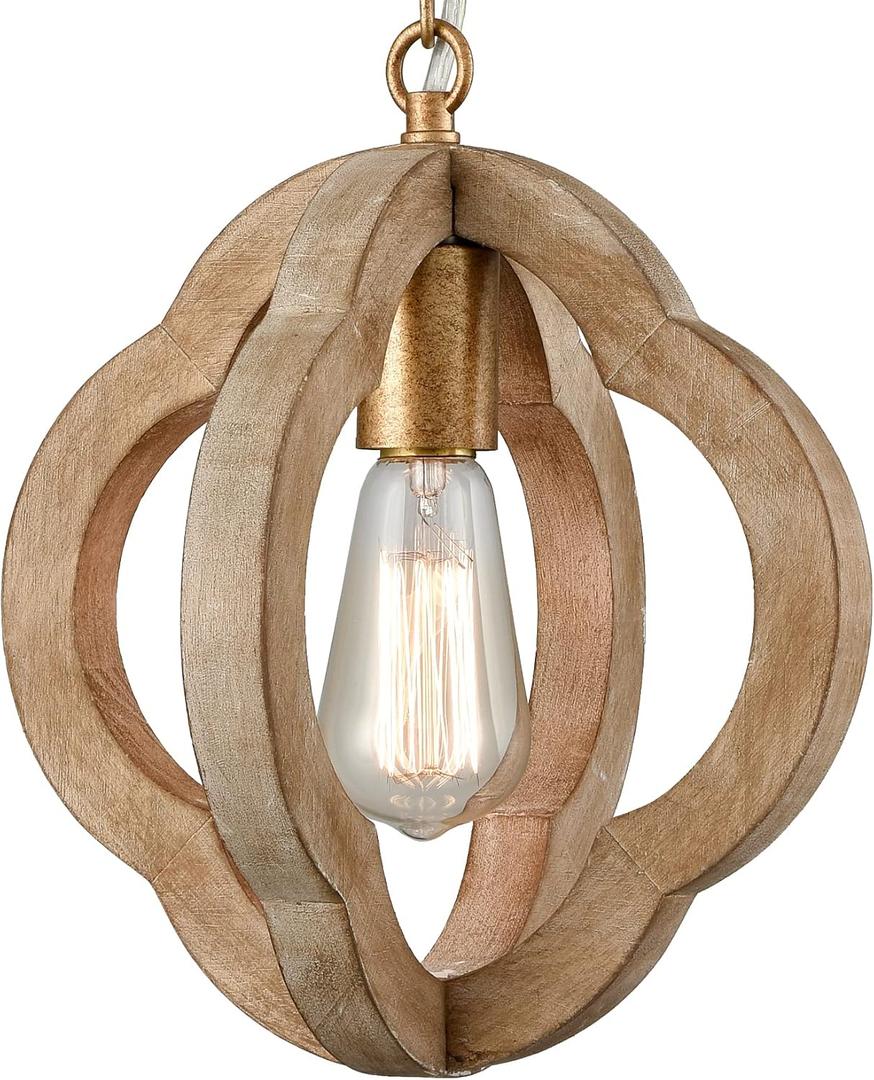 SAMTEEN Farmhouse Wood Pendant Lights Kitchen Island, Vintage Wooden Pendant Lighting Rustic 1-Light Wood Hanging Ceiling Light Fixture for Hallway Bedroom Entrance, Adjustable Chain
