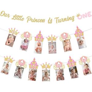 Jollyboom Princess First Birthday Decorations Girl, Princess Theme 1st Birthday Photo Banner Crown Our Little Princess Is Turning One Banner Glitter for 1 Year Old Girl 1st Birthday Party Decorations