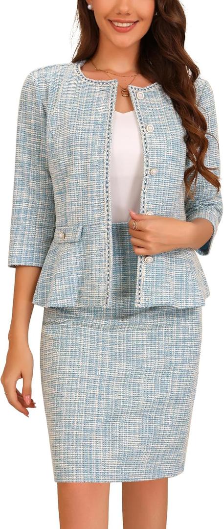 Allegra K Women's 2 Piece Skirt Sets 3/4 Sleeve Collarless Tweed Jacket Pencil Skirt Set Elegant Business Casual Outfit (Blue, M)