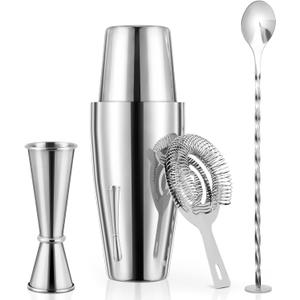 X Home Cocktail Shaker Set, Professional 4-Piece Bartender Kit with Boston Shaker, Hawthorne Strainer, Double Measuring Cocktail Jigger, and 10-inch Mixing Spoon, Bartender's Choice