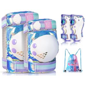 NEMONE Mermaid Knee Pads for Kids, Girls Boys Knee Elbow Pads Wrist Guards with Drawstring Bag, Adjustable Reflective Protective Gear Set for Roller Skates Bike Cycling Skateboard Scooter M