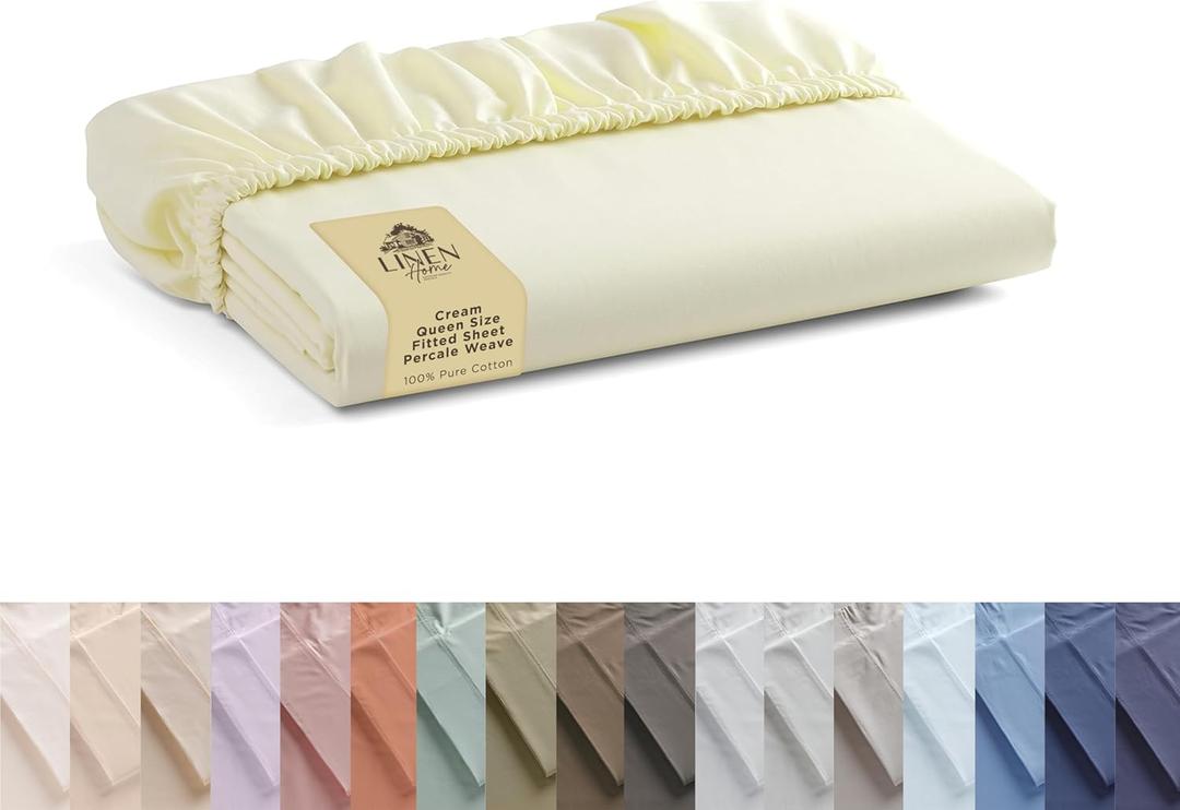 Linen Home 100% Cotton Percale Weave Fitted Sheet, Queen Size, Cream, 1 Deep Pocket Fitted Sheet, Fits Mattress Upto 16" Crisp and Cool Strong Bed Linen, 60"X80"+15"