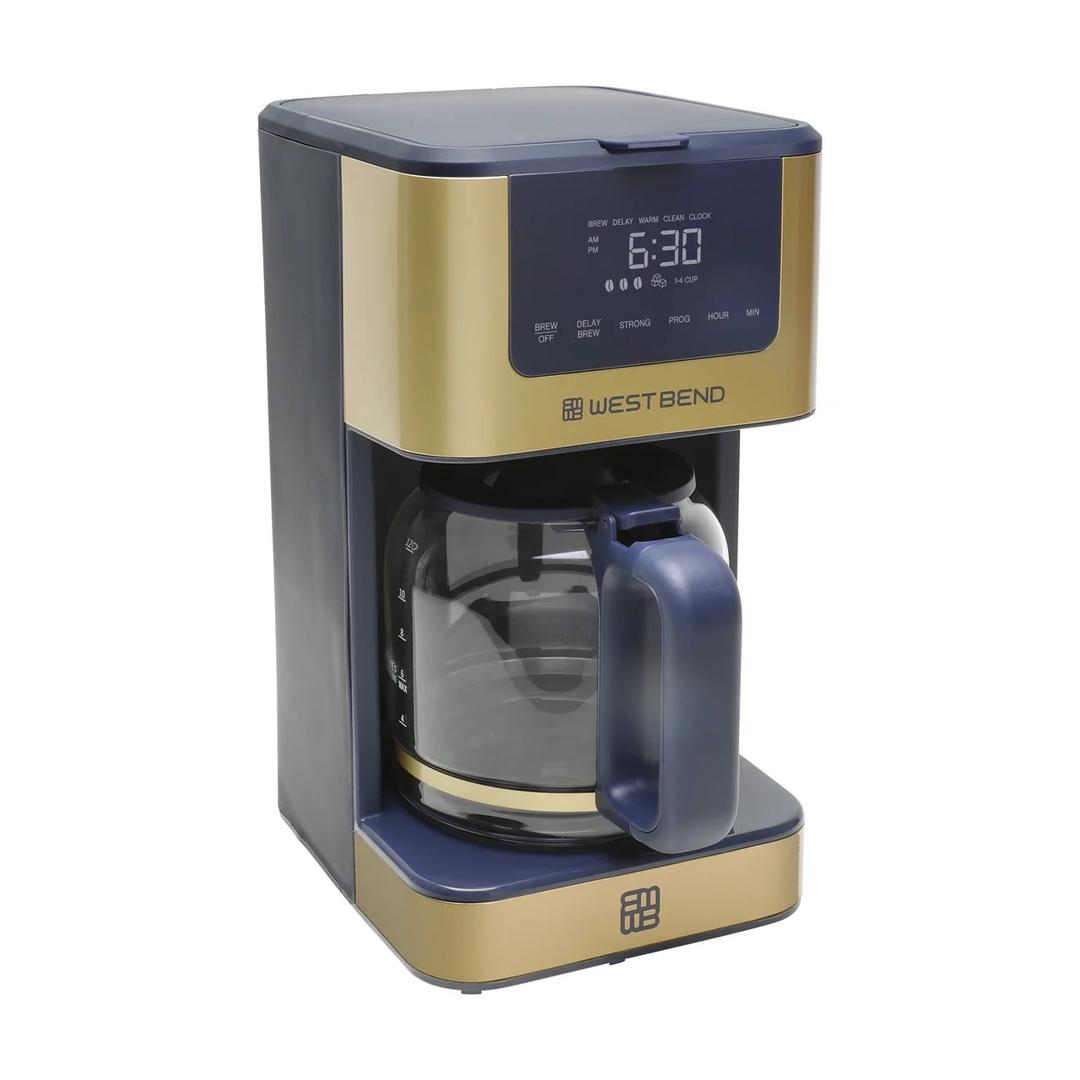 West Bend Drip Coffee Maker Brews Hot or Iced, Programmable with Brew Strength Selector Auto Shut-Off and 6 Functions Permanent Mesh Filter and Glass Carafe, 12-Cup