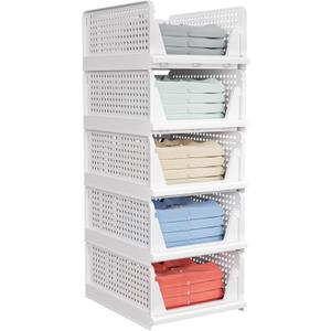 5 Pack Stackable Closet Organizer Box - Stackable Storage Bins, Plastic Storage Basket Foldable Closet Storage Basket for Wardrobe Cupboard Kitchen Bathroom Officem, White (5 Pack White)