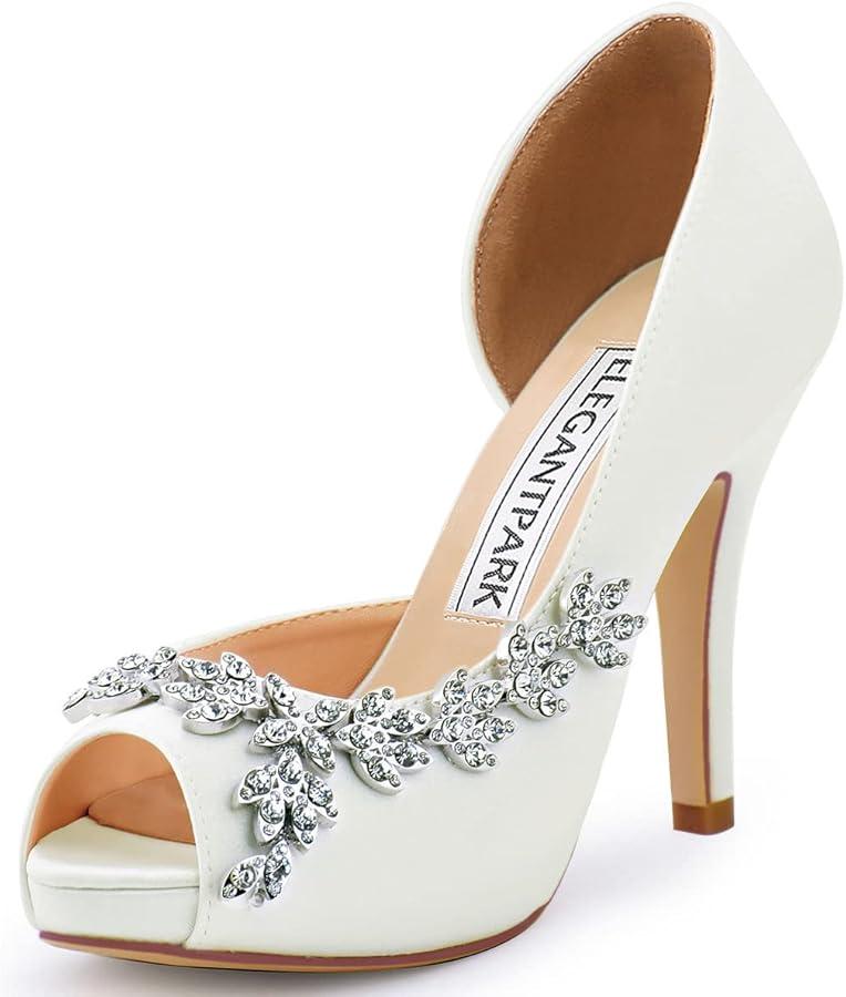 ELEGANTPARK Wedding Heels for Women Peep Toe Wedding Shoes for Bride High Heel Pumps Rhinestones Bridal Shoes Satin Evening Party Prom Dress Pumps, 10