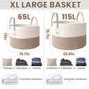 JMvicyroam 65L Extra Large Blanket Basket for Living Room - Woven Cotton Rope Laundry Hamper with Reinforced Handles - Storage Bin for Pillows, Comforters & Toys - Machine Washable,White&Brown