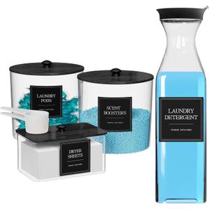 3+1 Pack Laundry Pods Containers & Dryer Sheet Holder & Laundry Detergent Dispenser, Laundry Room Organization and Storage Jars with Lids, Labels and Scoops for Scent Booster Powder Pods, Black Lid