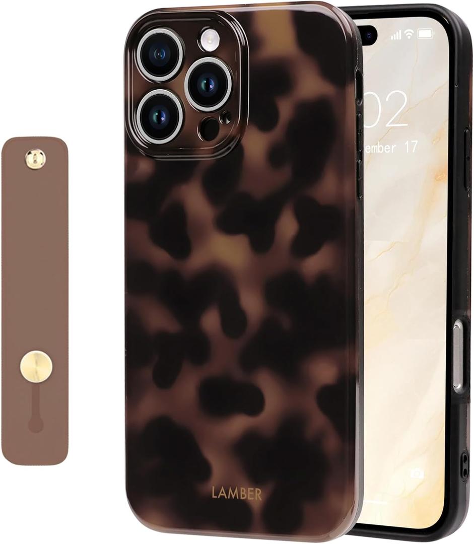 NITITOP Compatible with iPhone 16 Pro Max Case with Wrist Strap Stylish Cute Leopard Aesthetic Tortoise Amber Design for Women Girls Men Soft TPU Shockproof Protective Cover - Brown2