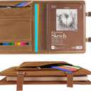 Plinyvel Sketchbook Cover for Travel with Pencil Holder - Waxed Canvas Organizer Compatible with 9x12 Sketch Book & 8.5x11 Spiral Pad | Art Supply Storage for Drawing Pens, Pencils (Brown)