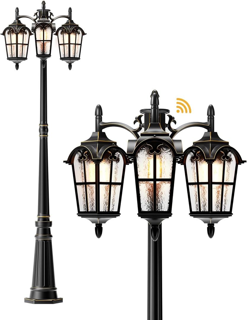 EDISHINE Outdoor Lamp Post Light 3-Head, Thickened Aluminum Dusk to Dawn Street Light Post with Water Ripple Glass, Retro Roman Pole Lighting Fixture for Backyard Garden Patio Driveway, Extra Large