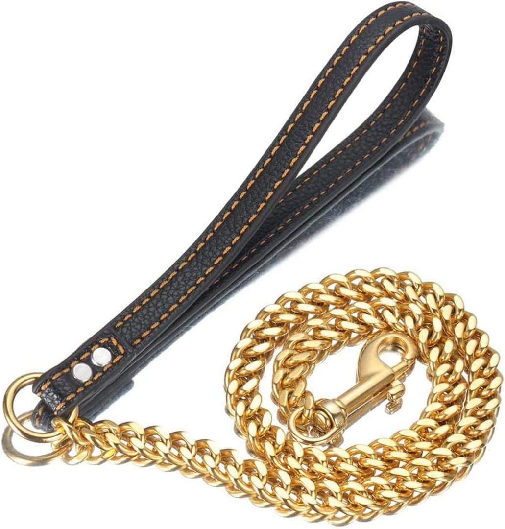 Strong Gold/Silver Dog Chain Leash 3FT Stainless Steel 12mm Curb Cuban Link Dog Leash Training Walking with Comfortable Genuine Leather Handle for Large, Medium Small Dogs (Gold, 3FT)
