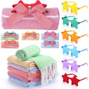 Kinlop Summer Pool Gift Sets Include 6 Summer Beach Towels 6 Colorful Star Eye Sunglasses 6 Gift Cards and 6 Red Buffalo Plaid Ribbons for Hawaii Beach Pool Party Supplies