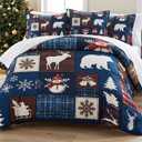 NIDITW 3-Piece Christmas Patchwork Quilt Set Queen Snowflake Deer Pine Tree Snowman Plaid Navy Blue Bedspread with 2 Pillow Shams Soft Lightweight Microfiber Bedding Set Coverlet (Navy Blue, Queen)