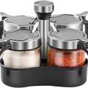 Revolving Condiment Pots Sugar Bowl Salt & Pepper Cellar with Lid and Spoon, Set of 4 Seasoning Box Spice Jar with 360 Rotating Holder Tray for Kitchen, 4 Pots