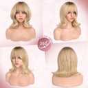 Haloo Blonde Short Bob Wigs with Bangs Shoulder Length Wavy Layered Flipped Ends Natural Looking Medium Synthetic Hair Wig for Women Daily Party, 14 Inch Ombre Blonde