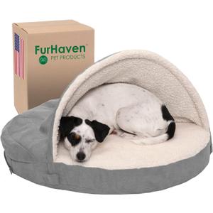 Furhaven 26" Round Orthopedic Dog Bed for Medium/Small Dogs w/ Removable Washable Cover, For Dogs Up to 30 lbs - Sherpa & Suede Snuggery - Gray, 26-inch (26.0"L x 26.0"W x 3.0"Th, Faux Lambswool & Suede Gray)