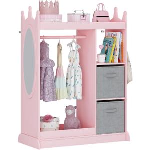 UTEX Kids Armoire Wardrobe Closet with Mirror and Storage Bin, Pink, 33.4 in W x 15.75 in D x 44.5 in H
