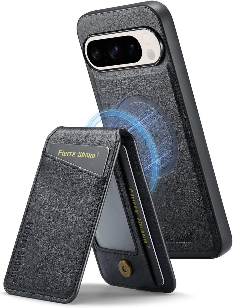 Wallet Case for Google Pixel 9 / Pixel 9 Pro, Magnetic Back Cover Compatible with MagSafe, Premium PU Leather Slim Shockproof Protective Phone Case with Detachable Card Holder Kickstand (Black)