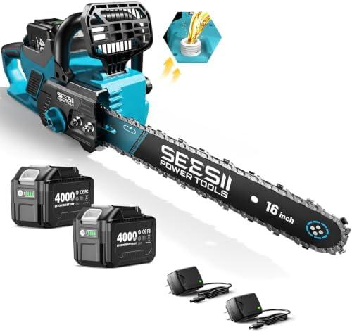 SEESII 40V Eectric Chainsaw Cordless 16 Inch, Battery Powered Chain Saw | 2×40v 4000mAh Batteries & Chargers, 2000W Brushless Motor,Auto Oiler, Battery Operated Saw for Tree Trimming, Wood Cutting