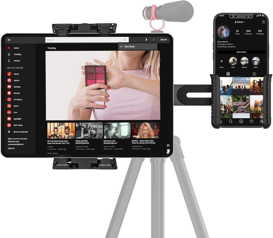 iPad Tripod Mount Adapter With 1/4" Ball Head for LED Ring Light, Microphone, and 2 Clamp Mount for iPad Pro, Air, Mini, All 4.7-12.9" Tablets and Smartphones