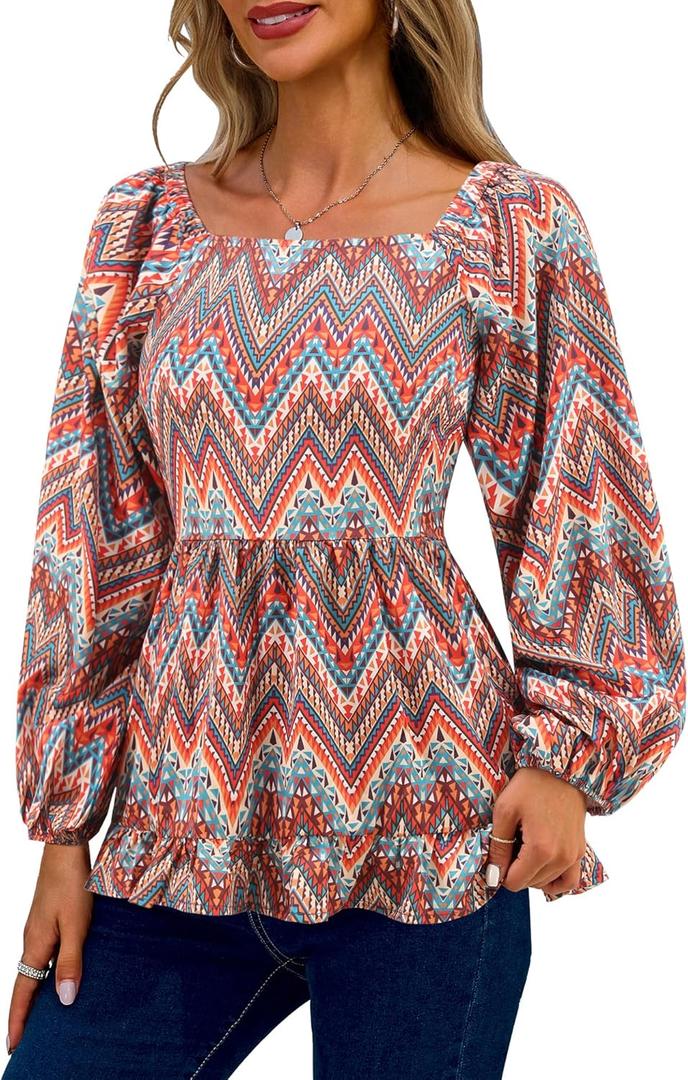 Womens Square Neck Floral Long Sleeve Tops Casual Loose Puff Sleeve Boho Work Blouse T Shirts (Small, C1003)