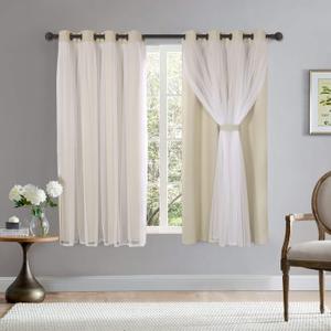 BONZER Mix and Match Blackout Curtains Grommet Double-Layered Curtains with White Sheer Voile for Girls Bedroom, Beige, 52x63 Inch, Set of 2 Panels
