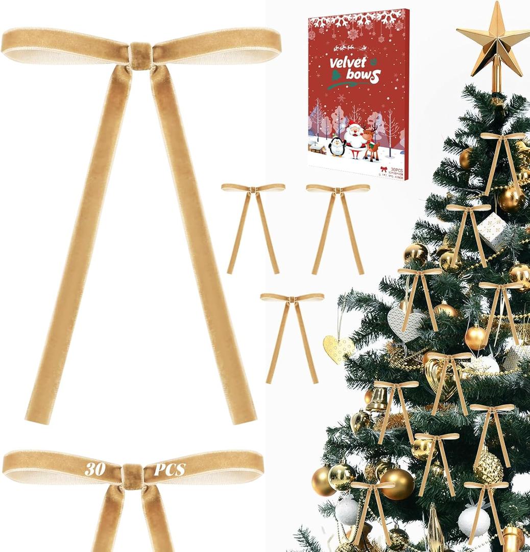 30Pcs Velvet Bows for Christmas Tree - Khaki Small Christmas Tree Bows, Vintage Ribbon Bows for Garland, Wreath, Fireplace, Door, Gift Wrapping, Holiday Bows Ornaments for Xmas (5  7 Inch)