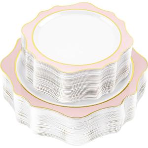 50 PCS White and Pink Disposable Plates for 50 Guests, Scalloped Plastic Plates Include 50 Dinner Plates and 50 Dessert Plates for Party, Wedding and Graduation