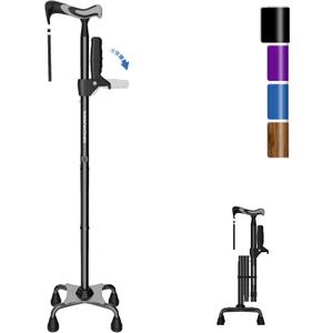 KingPavonini Walking Cane for Women/Men with Second Handle, Foldable & Adjustable Quad Cane with 4-Pronged Base for Standing, Lightweight Walking Aid for Seniors & Adults (Black)