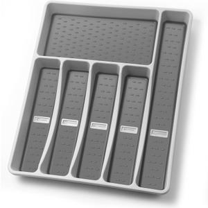 Silverware Organizer with Cutlery Icons，Silverware Tray for Kitchen Drawer，Plastic Flatware Tableware Cultery Drawer Organizer Utensil Organizer with Non-slip TPR Linings，6-Compartment