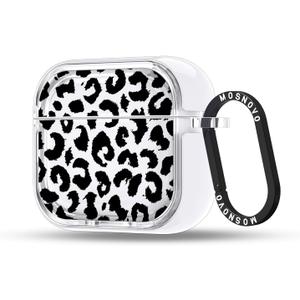 MOSNOVO Case for Airpods 4, Protective Clear Case with Shockproof Dual Layer Hard Luxe Metal Ring Designed for Airpods 4 Generation - Black Leopard Print