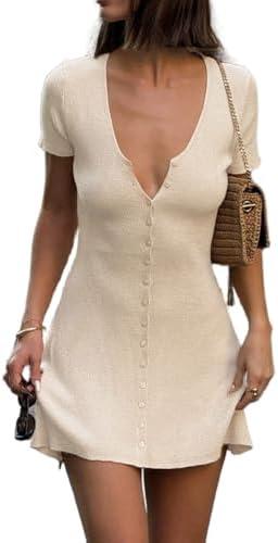 LOFAAC Women Sexy V Neck Button Down Knitted Short Dress Slim Fit Cap Sleeve Flowy Swing Going Out Mini Dress Summer Size Small LOFAAC Women Sexy V Neck Button Down Knitted Short Dress Slim Fit Cap Sleeve Flowy Swing Going Out Mini Dress Summer Size Small