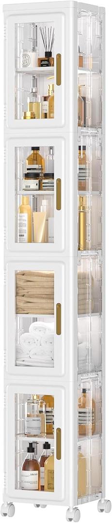 VECELO 4 Tier Tall Plastic Slim Storage Cabinet with Lockable Wheels, Adjustable Shelves, Anti-Tip for Bathroom, Living Room, Laundry Room, Kitchen, Narrow/Small Space, Easy Assembly, Clear
