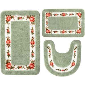 3 Pcs Rose Flowers Bathroom Rugs Set Coquette Room Decor Floral Rugs for Bathroom Bedroom Living Room, Floral Bath Mat Non Skid Romantic Rose Flower Area Rugs 3 Shapes(Green)