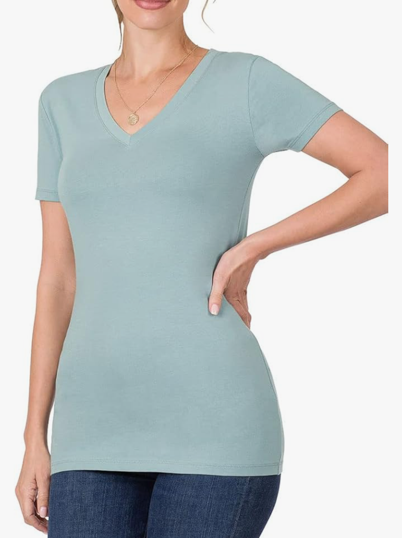 VEIISAR Womens Short Sleeve Basic V-Neck Cotton Long T-Shirt S