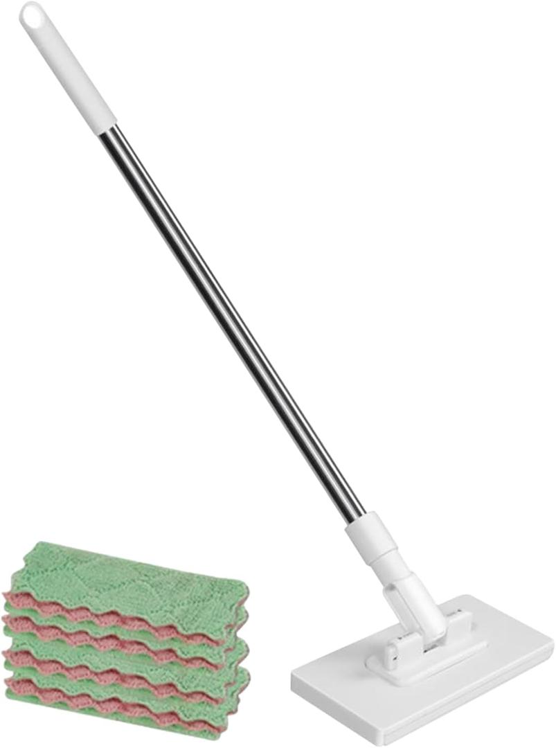 Self Clip Cloth Mop, Dust Mop with 4 Reusable Cloths, No-Wash Press Clamp Removable, Compatible with Reusable Towels & disposables Wipes for Floors, Walls, Mirrors