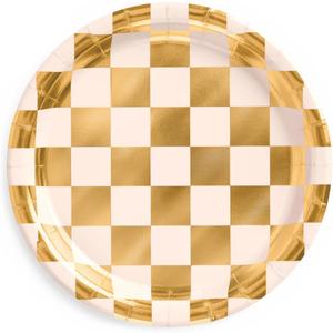 xo, Fetti Gold Checkered Paper Plates | 25 pcs | Bachelorette Tableware, Birthday Party Supplies, Modern Disposable Setting, Dinner Table Decor