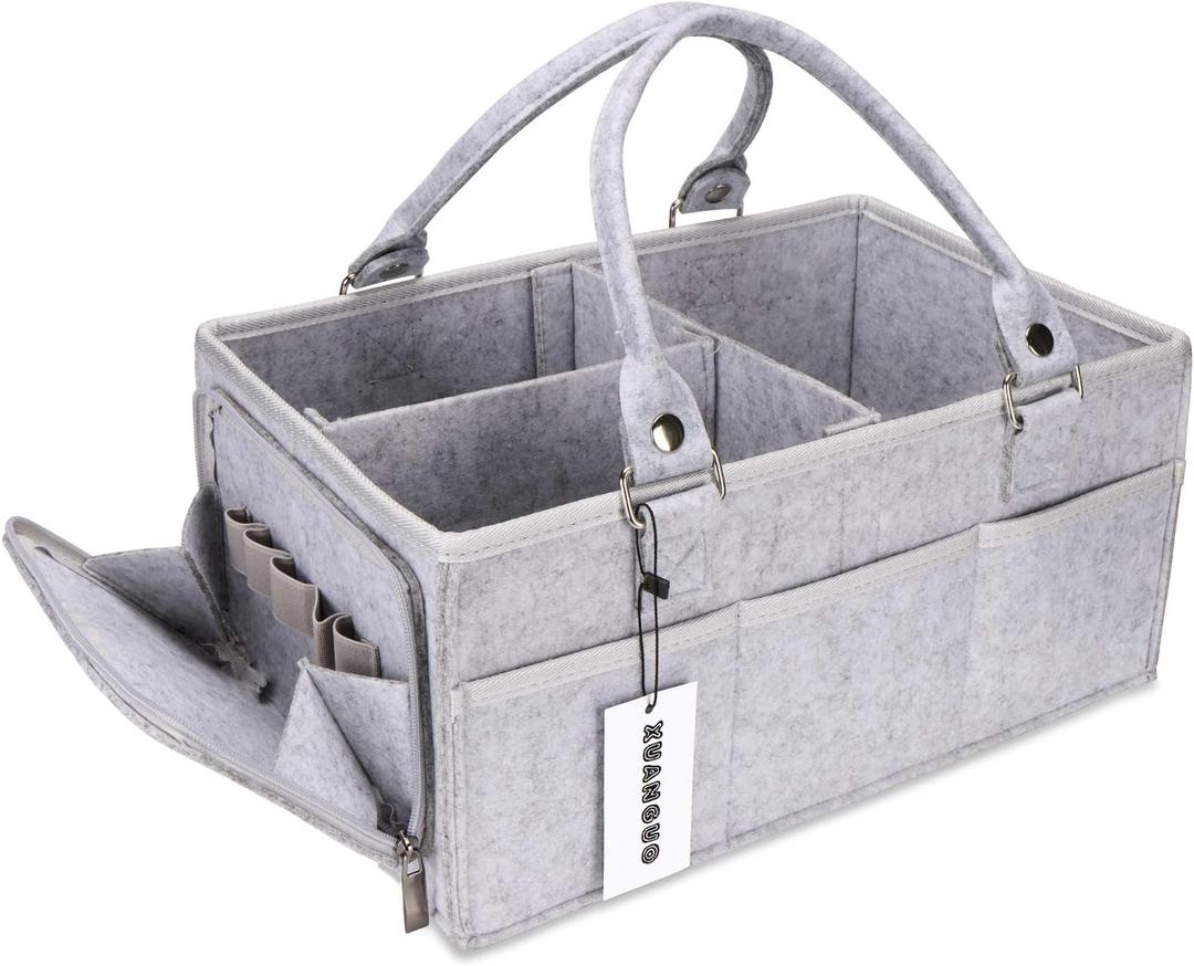 XUANGUO Baby Diaper Caddy Organizer with Handle - Gender Neutral Nursery Storage Bin Basket - Portable Tote Bag - Car Organizer - Newborn Essentials - Grey