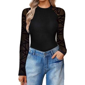 Avidlove Women Long Sleeve Bodysuit Crew Neck Body Suits Mesh One Piece Leotards Shirt Going Out Bodysuit Tops (Medium, Geo Pattern)