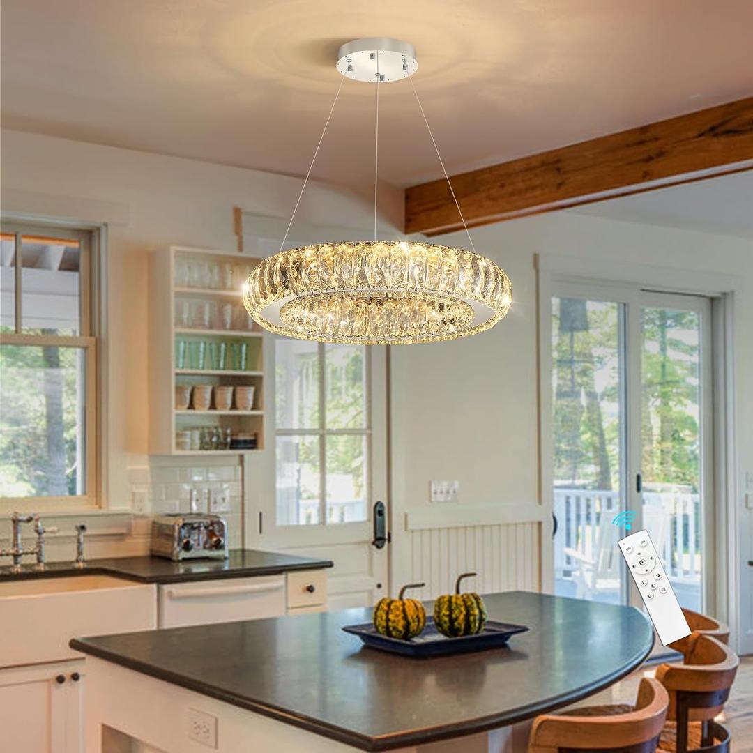 HAIXIANG Modern Chandelier Crystal LED Dimmable Ring Pendant Lights Adjustable Hanging Lighting Chandeliers Fixtures for Dining Room Bedroom Kitchen Island Table Silver Light