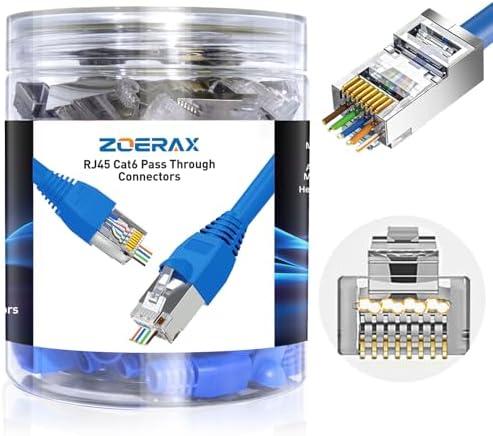 50 Pack Cat 6A Shielded Pass Through RJ45 Connectors with 50 Pack Strain Relief Boots, Modular Plug 3-Prong Gold Contacts 1.20mm RJ45 Pass Through Connector for Solid or Stranded STP Network Cable