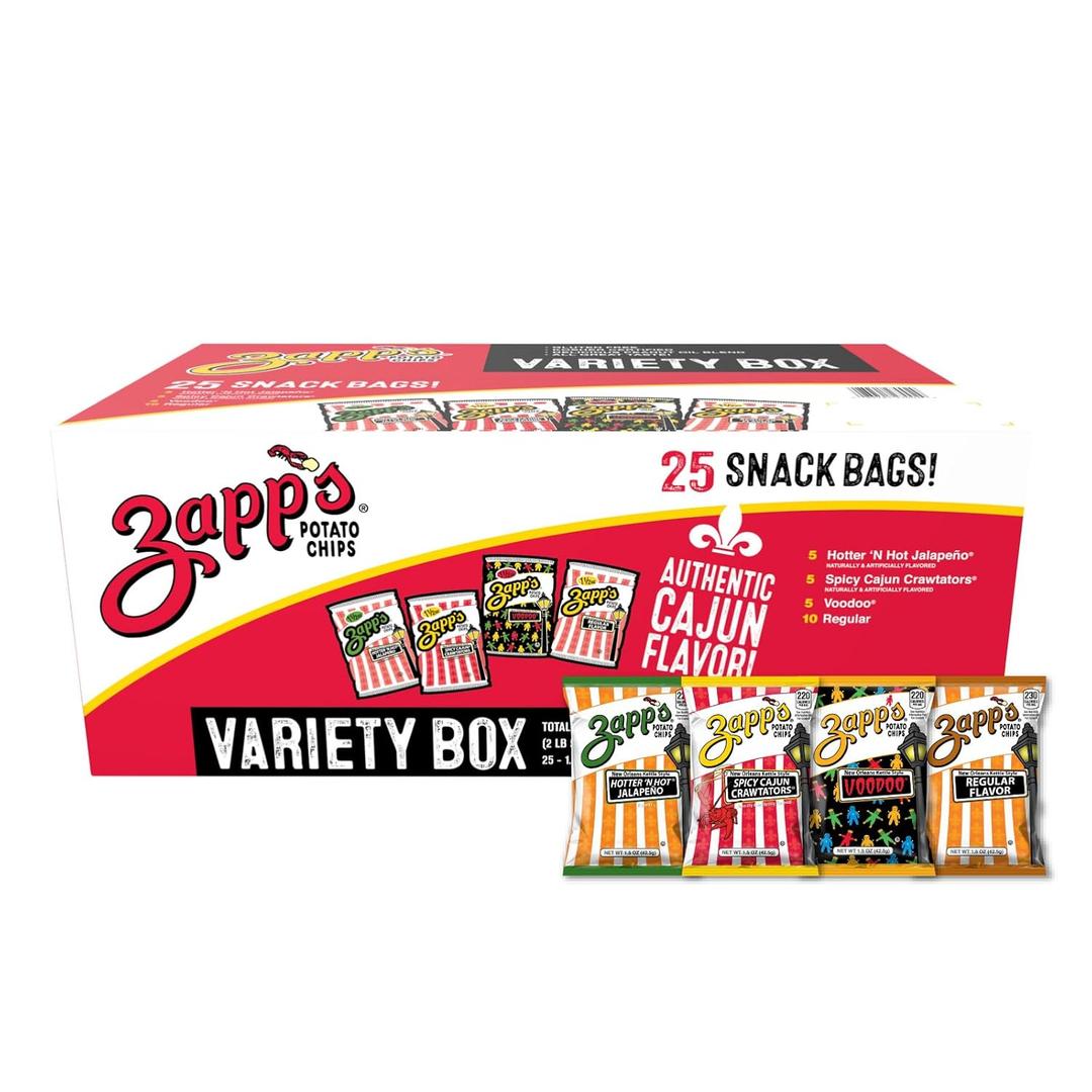 Zapps New Orleans Kettle-Style Potato Chips Variety Pack (1.5 oz Bags, 25 Count) Includes Voodoo, Hotter N' Hot Jalapeno, Spciy Cajun Crawtators, Regular Perfect On-The-Go, Gluten Free Snack, BB Feb 02/2026