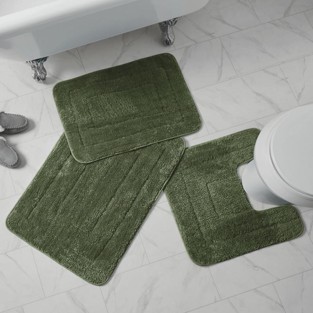 3-Piece Bath Rug Set, Soft, Non-Slip Bathroom Rugs, Absorbent and Quick-Drying Bath Mat, Contour & Accent Rugs (20" x 30" (610 sq. in.), Olive)
