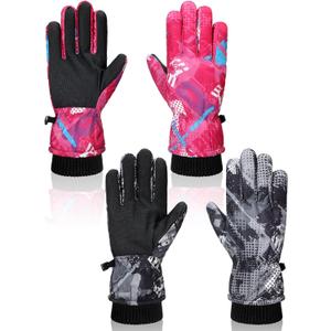 Geyoga 2 Pairs Kids Ski Gloves Waterproof Winter Mittens Warm Gloves Snow Mittens for Children (10 - 15 Years, Black and Rose Red)