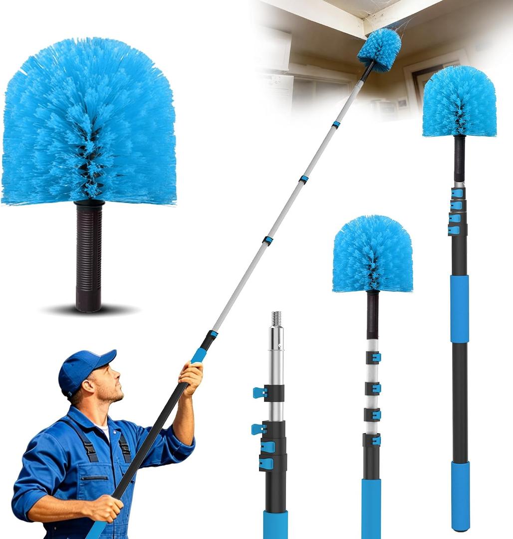 26FT Reach Cobweb Duster with Extension Pole - Spider Web Brush for Cleaning with 5-20FT 4-Section Flip-Lock Telescopic Pole, Effortlessly Cleans High Indoor & Outdoor Webs