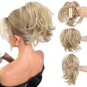 CJL HAIR Claw Clip Short Ponytail Hair Extensions DIY Bendable Metals Messy Bun Hair Piece for Women Straight Synthetic Fake Hairpieces Dirty Blonde